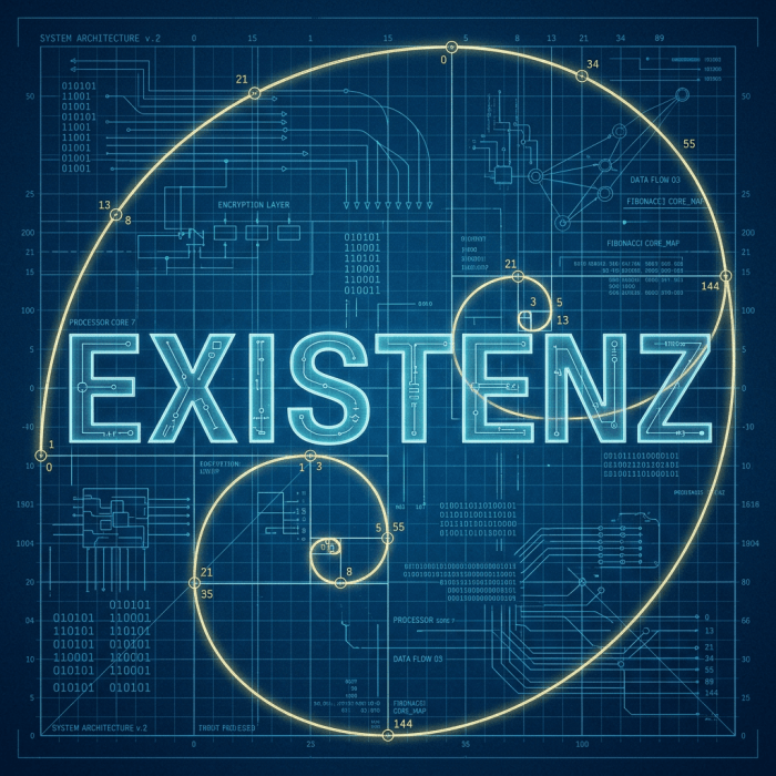Blueprint featuring the word 'EXISTENZ' with an overlaid glowing Fibonacci spiral and technical circuit diagrams