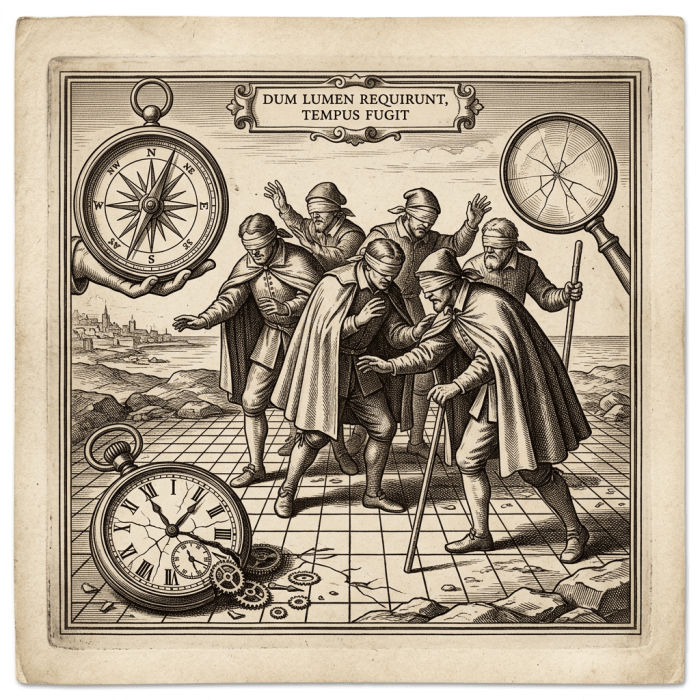 Etching: compass, lens, blindfolded men, shattered watch, grid.